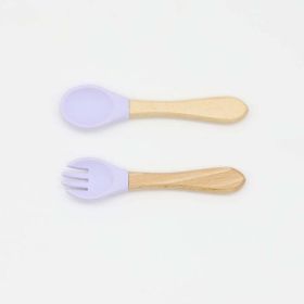 Baby Food Grade Wooden Handles Silicone Spoon Fork Cutlery (Color: Purple, Size/Age: Average Size (0-8Y))