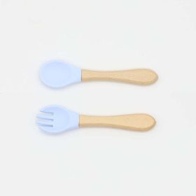 Baby Food Grade Wooden Handles Silicone Spoon Fork Cutlery (Color: Light Blue, Size/Age: Average Size (0-8Y))