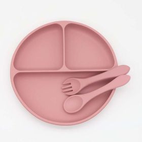 Baby Silicone Round Sucker Compartment Dinner Plate With Spoon Fork Sets (Color: Pink, Size/Age: Average Size (0-8Y))