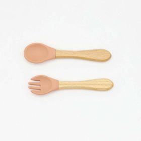 Baby Food Grade Wooden Handles Silicone Spoon Fork Cutlery (Color: Orange, Size/Age: Average Size (0-8Y))