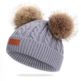 Cute Double Wool Pompom Baby Hat Children Cap Warm Autumn Winter Hats For Kids Boys Girls Knitted Warmer Beanie Caps Bonnet (Color: gray, size: 0-3 Years)