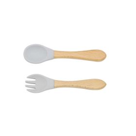 Baby Food Grade Wooden Handles Silicone Spoon Fork Cutlery (Color: Grey, Size/Age: Average Size (0-8Y))