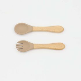 Baby Food Grade Wooden Handles Silicone Spoon Fork Cutlery (Color: Khaki, Size/Age: Average Size (0-8Y))