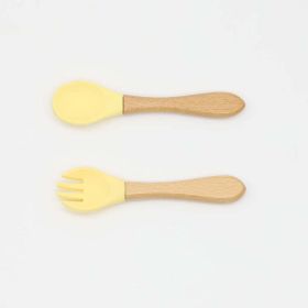 Baby Food Grade Wooden Handles Silicone Spoon Fork Cutlery (Color: Light Yellow, Size/Age: Average Size (0-8Y))